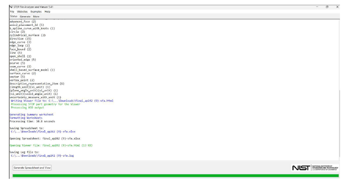 NIST STEP File Analyzer validation output showing zero errors