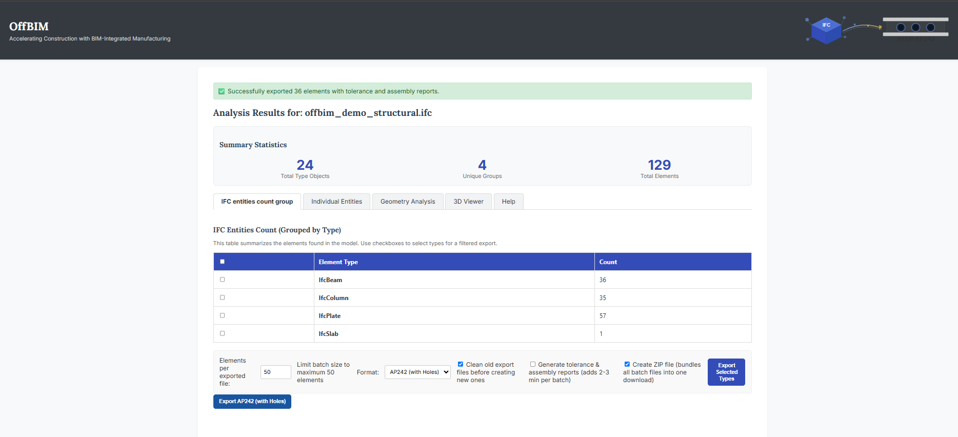 OffBIM export interface showing IFC entity counts and AP242 export with tolerance and assembly reports