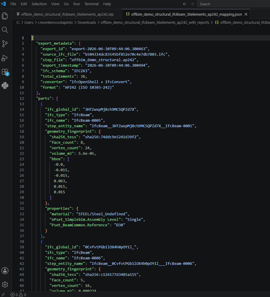 Mapping report JSON showing IFC element traced to STEP entity with GUID and material data