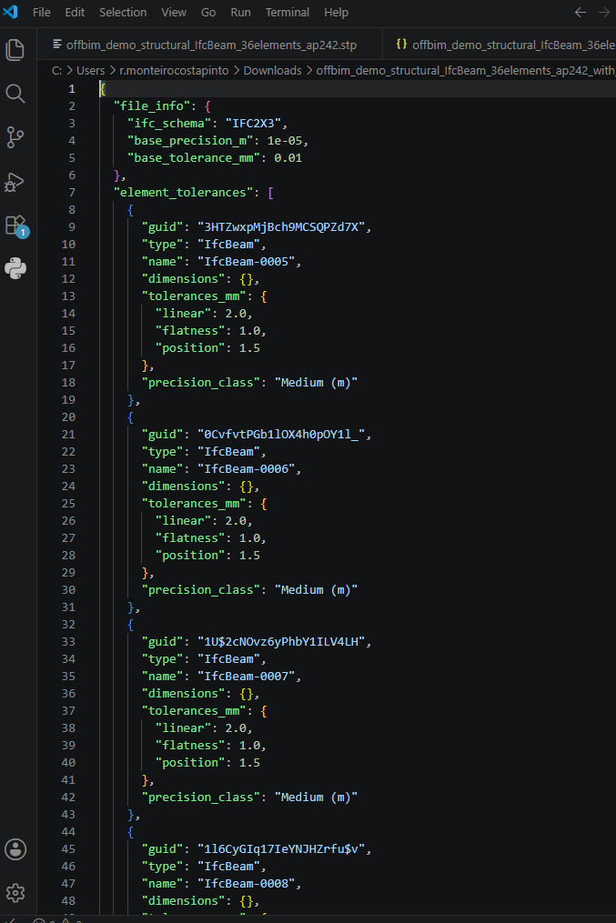 Tolerance report JSON showing automatic ISO 2768-1 tolerance attribution per element